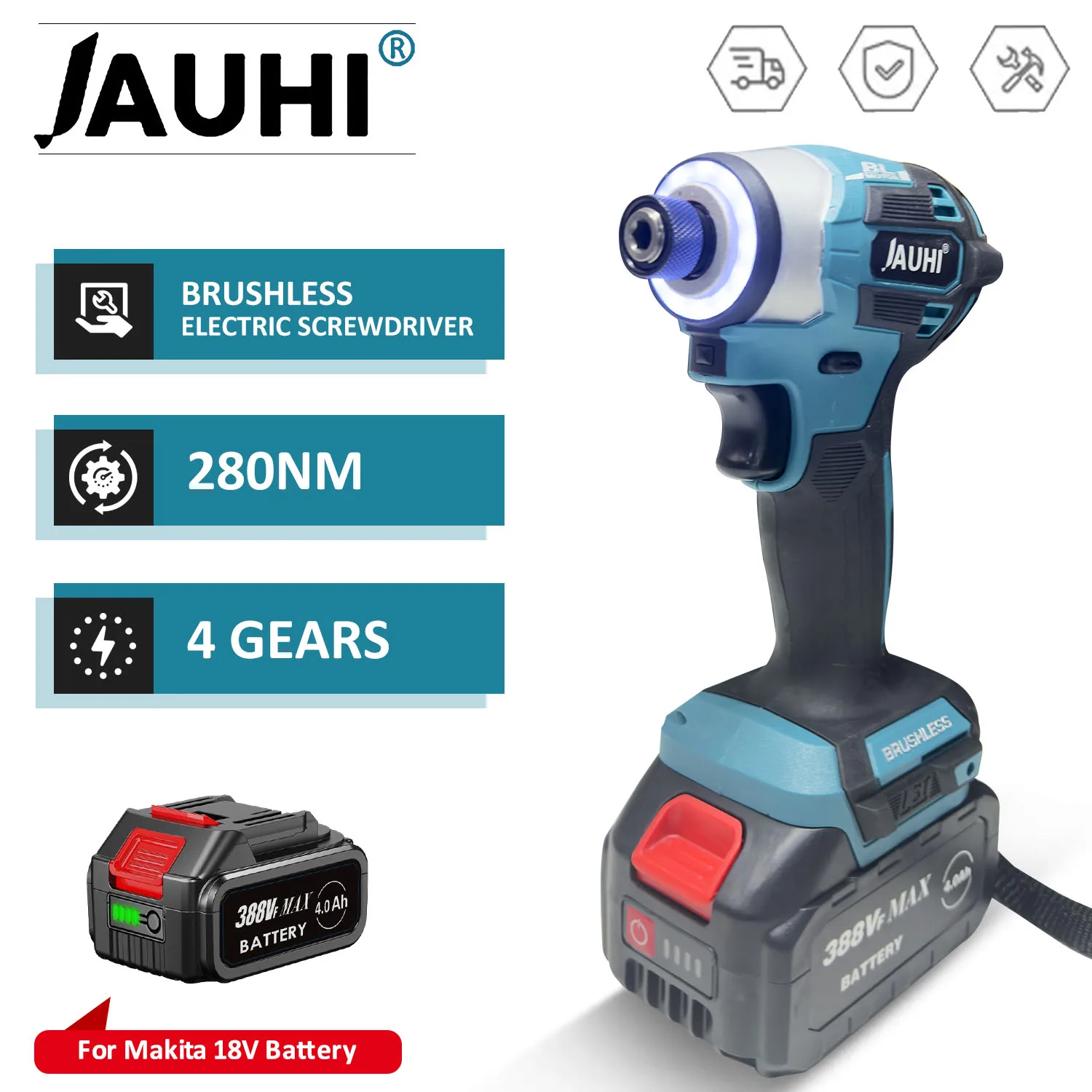 JAUHI 4-Speed 1/4'' Brushless Electric Screwdriver Cordless Screwdriver Electric Drill Impact Driver Kit for Makita 18V Battery