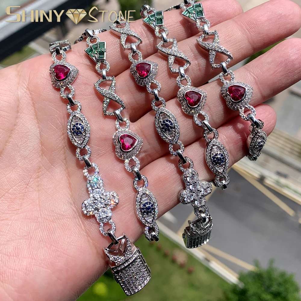 

Iced Out Cubic Zirconia Paved Cuban Link Chain Colorful Bling Cz Heart Cross Evil Eye Charm Necklace Hip Hop Jewelry
