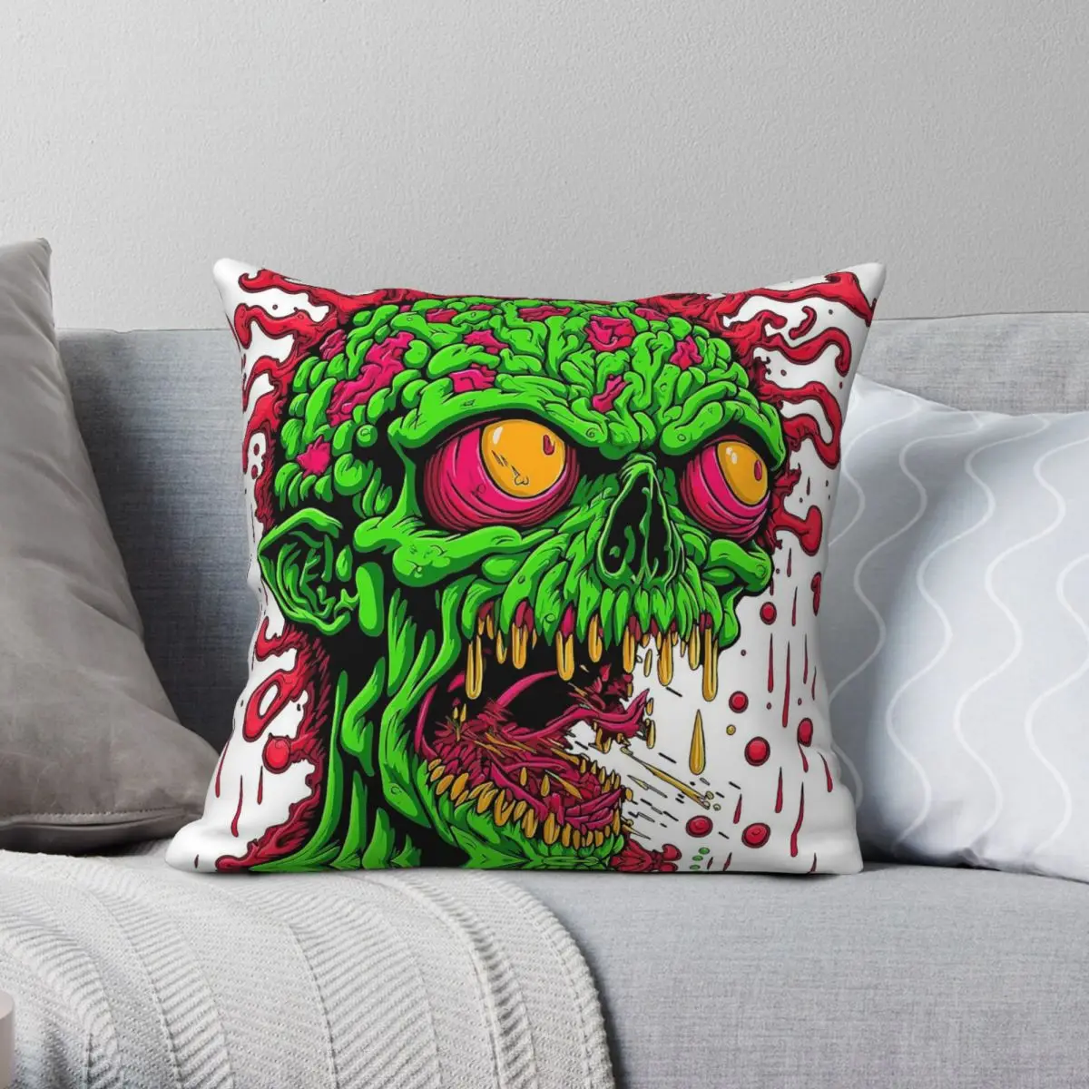 Zombie Blow Brain Square Pillowcase Polyester Linen Velvet Creative Zip Decorative Room Cushion Cover