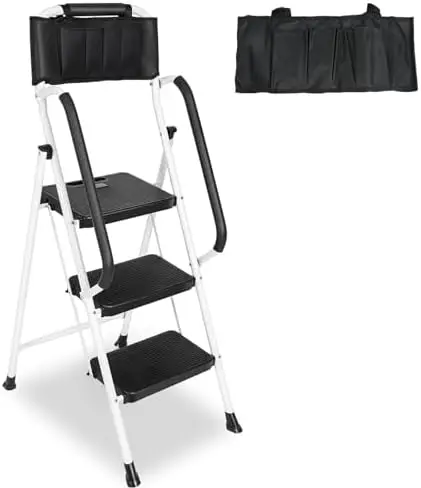3 Step Ladder with Handrails & Attachable Tool Bag, 500 lbs Folding Step Stool Ladder, Wide Non-Slip Pedal for Kitchen