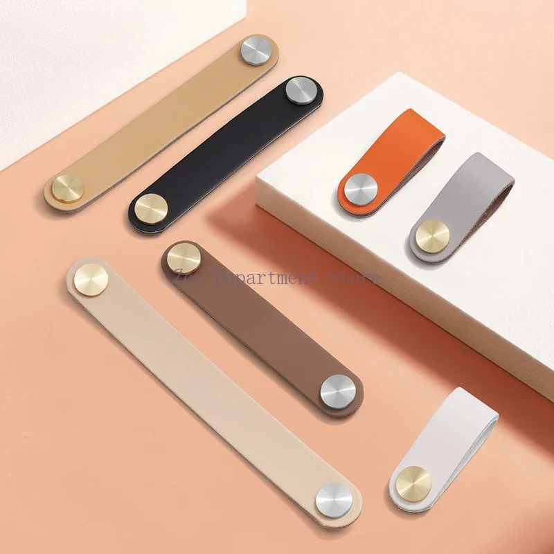 Brass real cowhide light luxury cabinet door wardrobe children's thickened drawer handle ring buckle bedside table multi-purpose