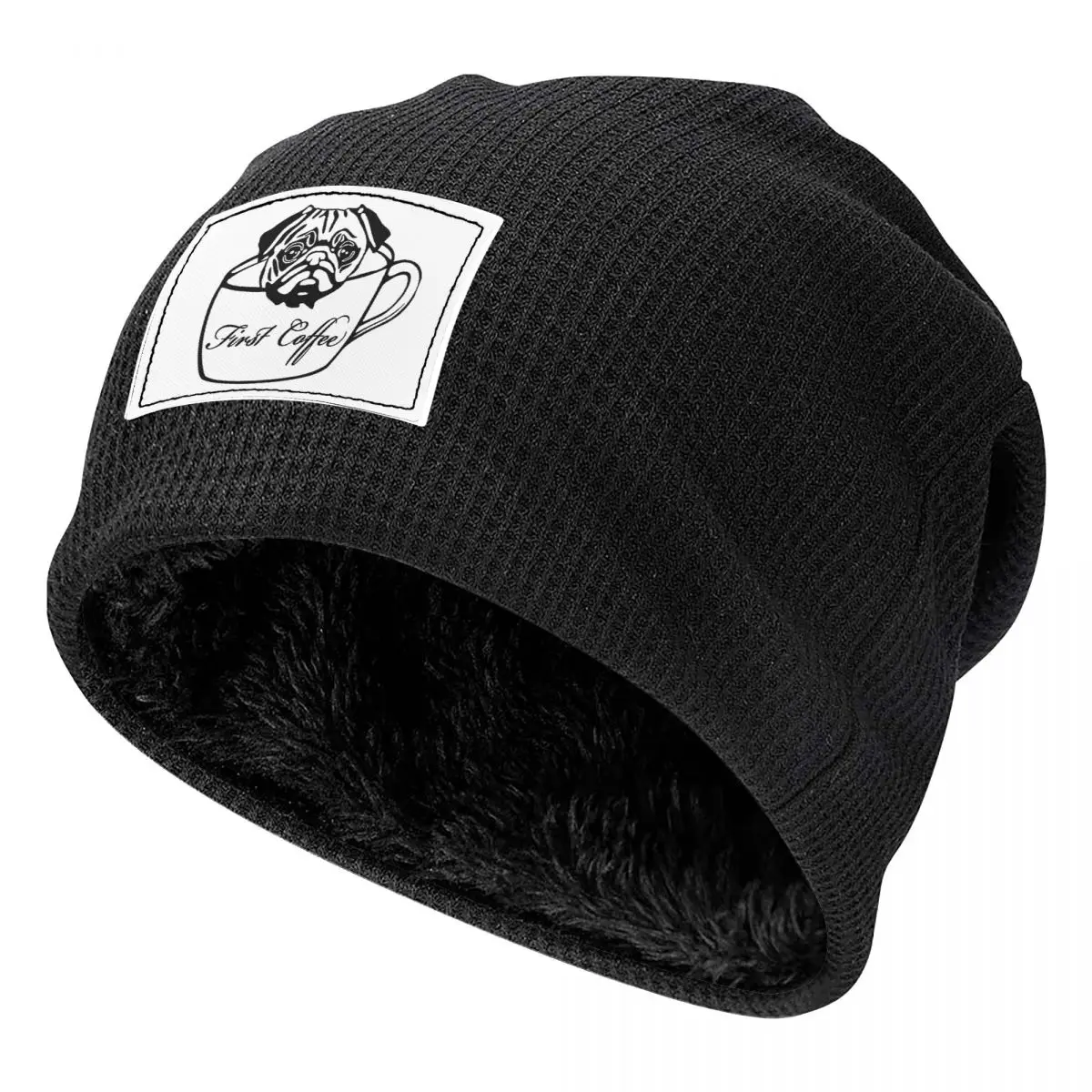 Pug First Coffee Waffle Knit Fleece Lined Beanie with PU Leather Patch Unisex Warm Winter Soft Cap