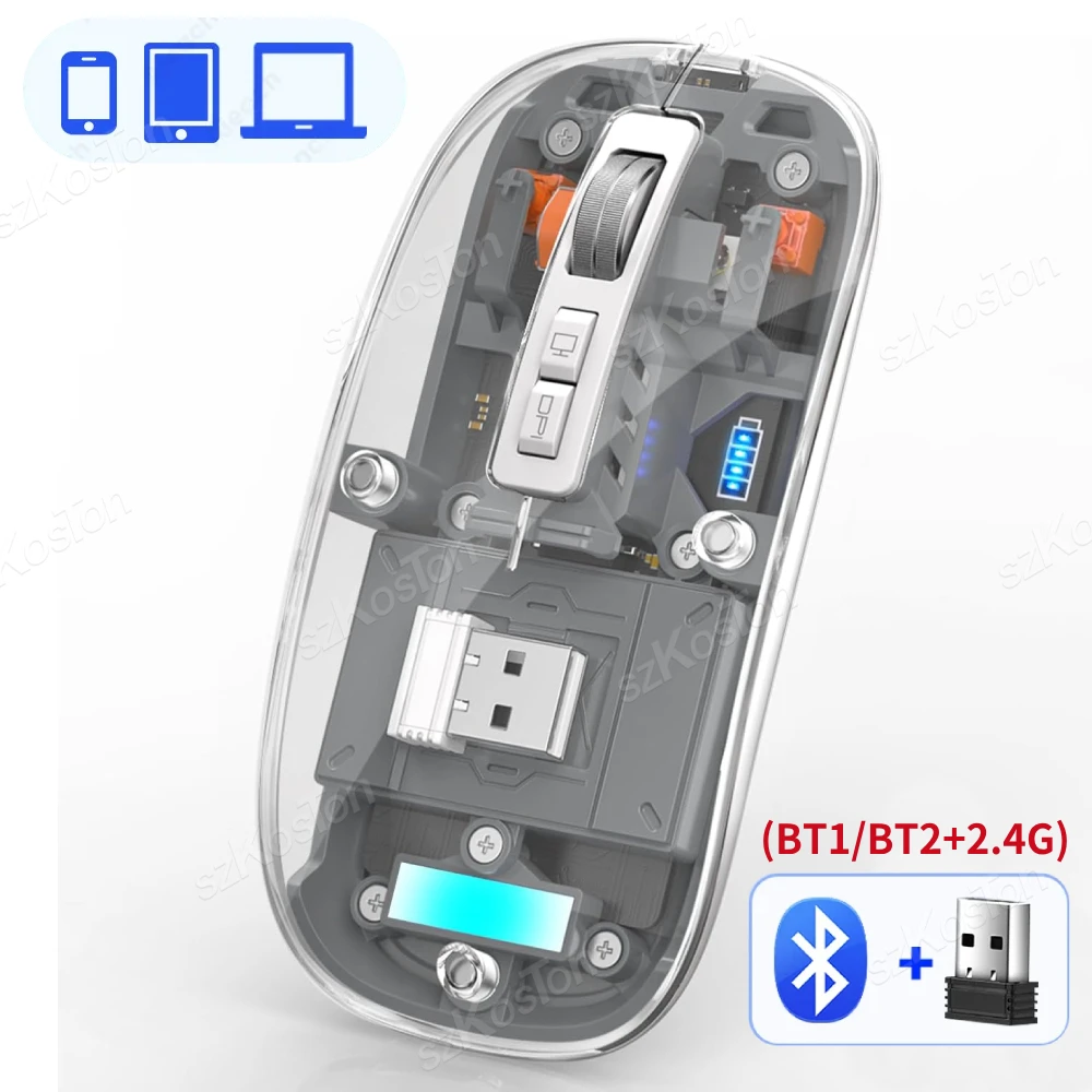 3 Modes Wireless Bluetooth Transparent Gaming Mouse DPI Adjustable Rechargeable Battery Display Silent Mice for PC ipad Laptop