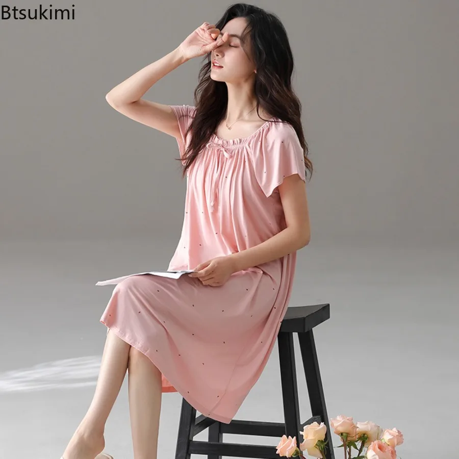 New 2026 Summer Modal Women's Pajama Dress Loose Short Sleeve Dot Ruffle Nightdress Sleepwear Home Wear Lace Up Nightgown Female