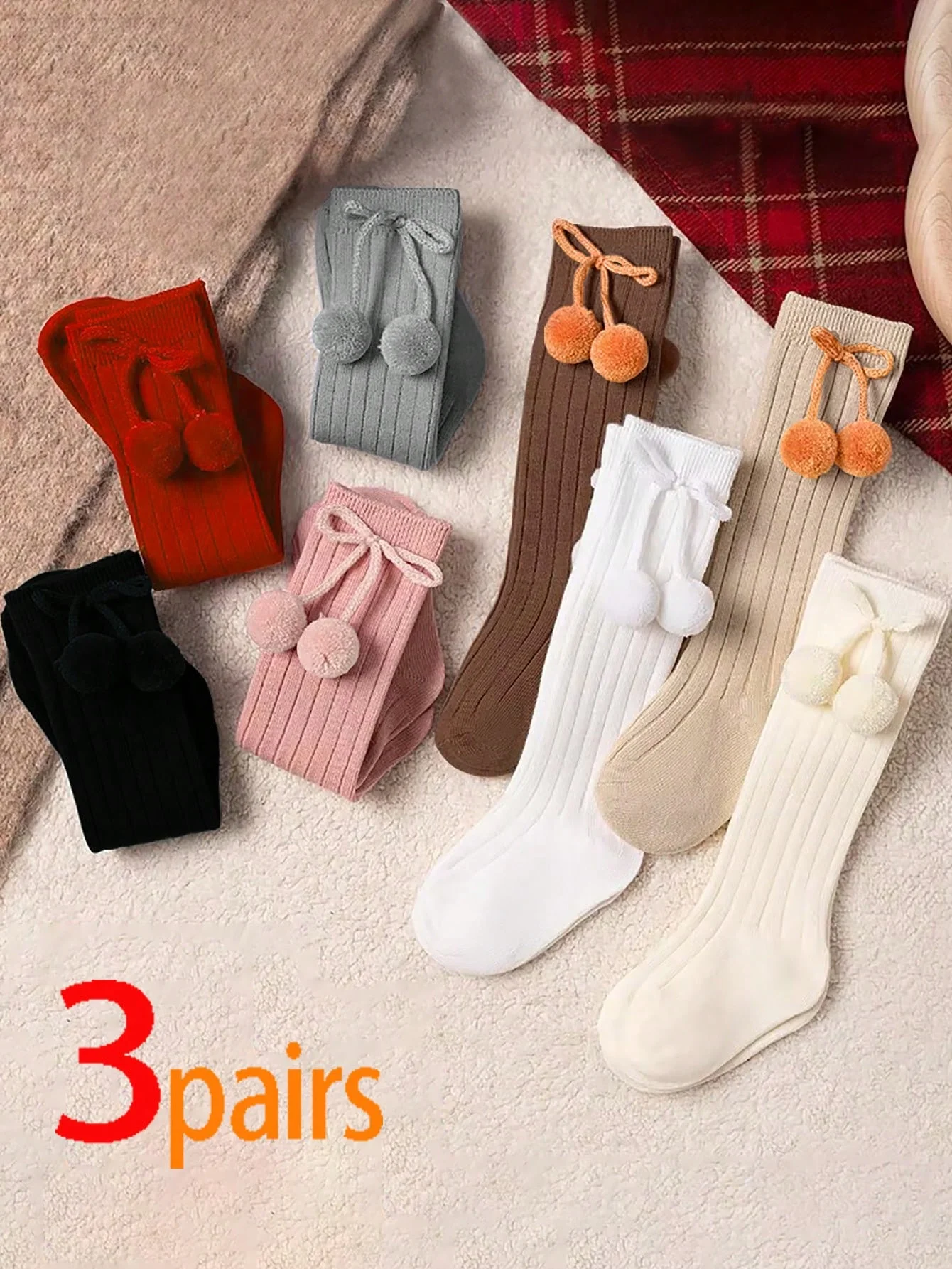 3 Pairs of Baby Cute Ankle-High Socks Decorated with Children's Pompom Bow Ties, Suitable for Girls Aged 1-6 Years Old for Daily Wear