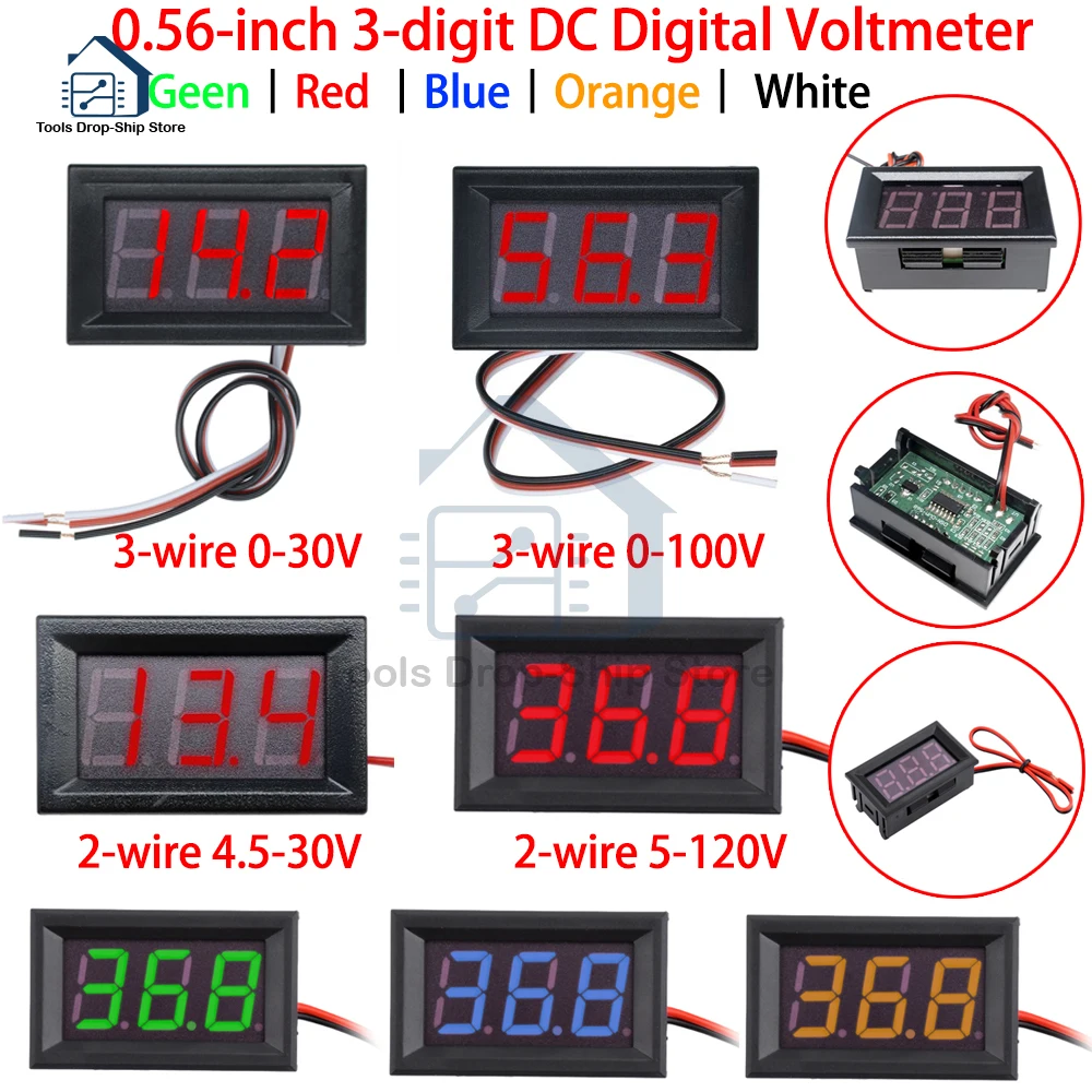 Voltímetro Digital CC 0-30V 0-100V Mini medidor de voltaje probador 2/3 herramienta de instrumento de voltios de cable para Monitor de batería de motocicleta 0,56 pulgadas