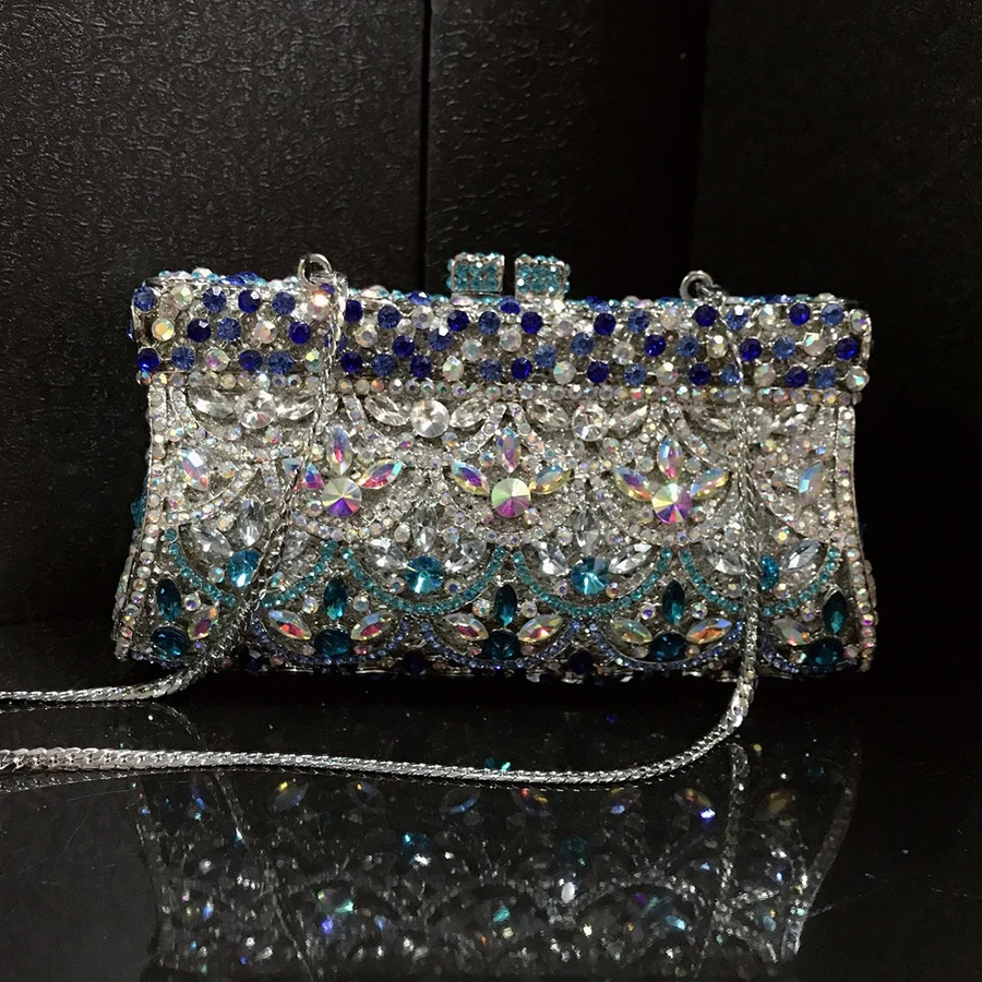 

Flower Rhinestones Evening Bags Metal Prom Clutch Diamonds Clutch With Long Chain Shoulder Handbags Wedding Party Female Purse