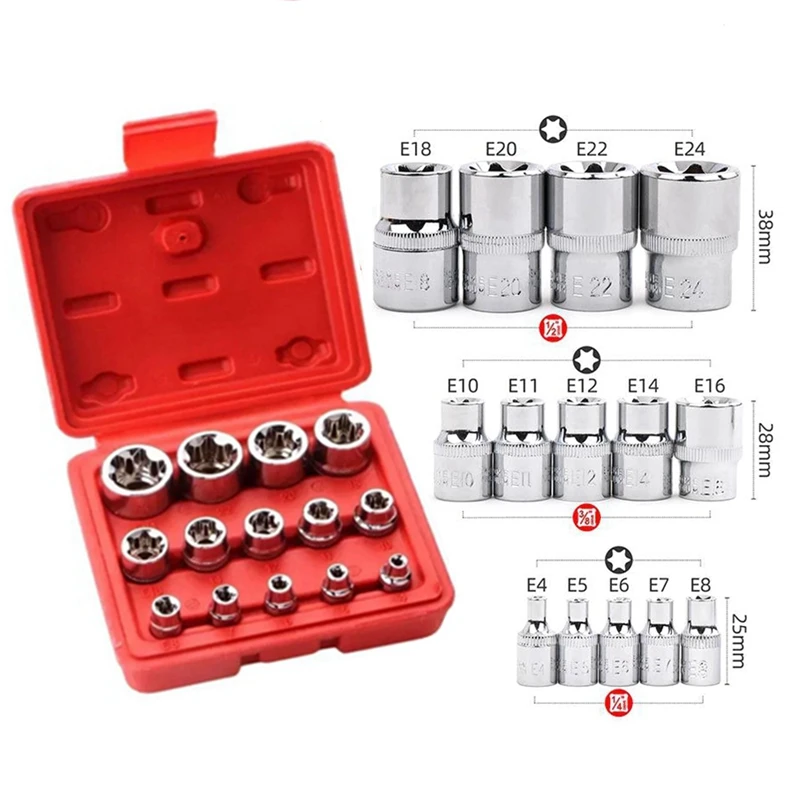 

Krachtige 14pcs E-type Socket Set Hexagonal Plum Blossom Inner Flower Star Shaped Socket Head Repair Tools E4-E24