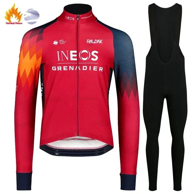 INEOS Grenadier Winter Cycling Jackets Long Sleeves Fleece Cycling Clothing MTB Cycling Bib Pants Set Warm Road Bike Sportswear