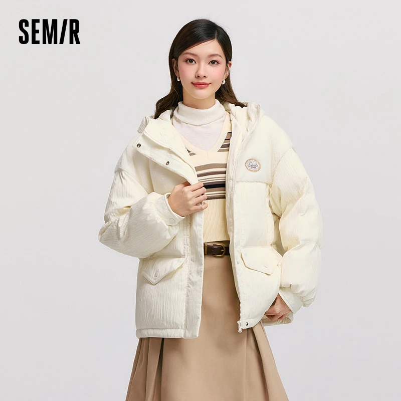 

Semir Down Jacket Women Loose Spliced Imitation Lamb Wool Top Personality Winter Hooded Texture White Coat