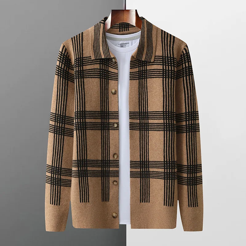 Autumn And Winter 100% Pure Wool Cardigan Men's Lapel Plaid Cardigan Joker Knitted Cashmere Sweater Coat