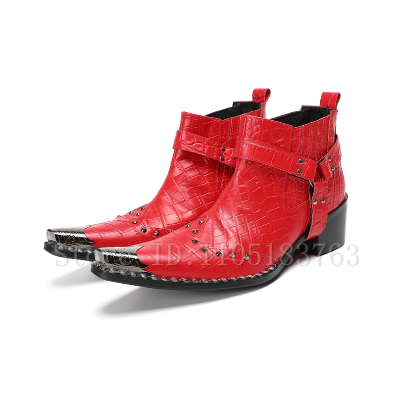 Fashion Red Brown Genuine Leather Men Short Boots Rivets Metal Square Toe High Heel Ankle Boots Wedding Party Dress Shoes