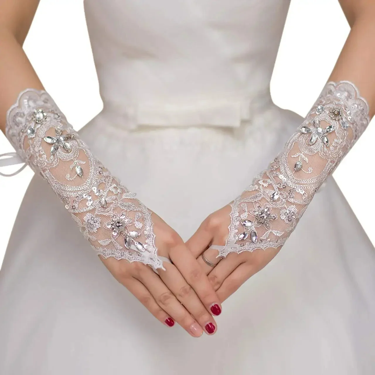 

Women Bridal Long Gloves Opera Fingerless Lace Glitter Sequins Elbow Length Mittens Hook Finger Wedding Party Gloves