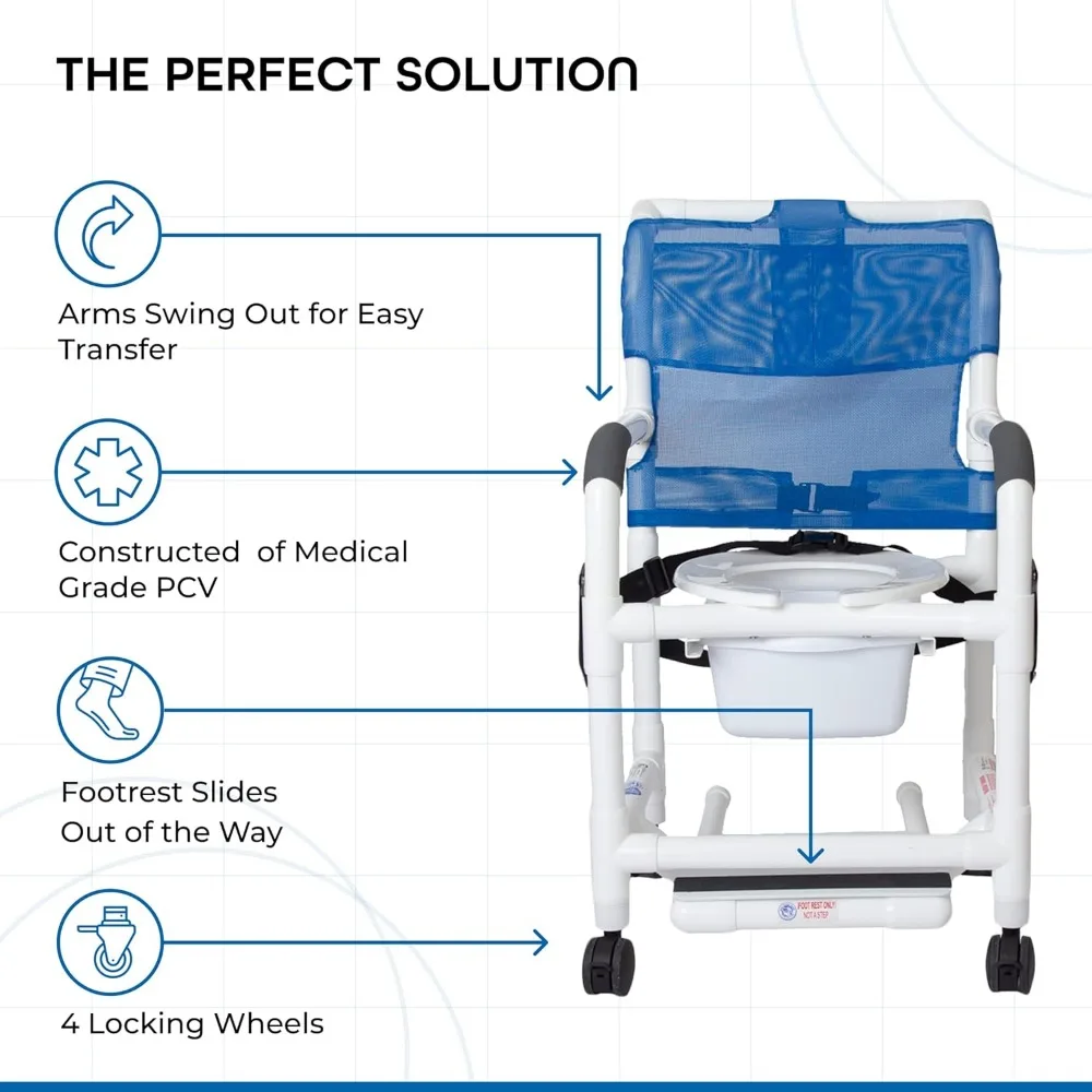 كرسي استحمام قابل للتعديل بأذرع قابلة للطي، ومقعد شبكي، وعجلات دوارة، وحزام أمان، ومسند قدم قابل للتمديد، وطلاء تواليت بوزن 300 لتر