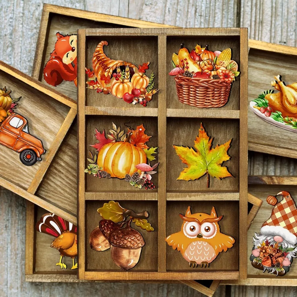 12pcs Thanksgiving Fall Wooden Hanging Ornaments Turkey Owl Squirrel Pumpkin Maple Leaf Wood Cutouts Tree Door Window Home Decor