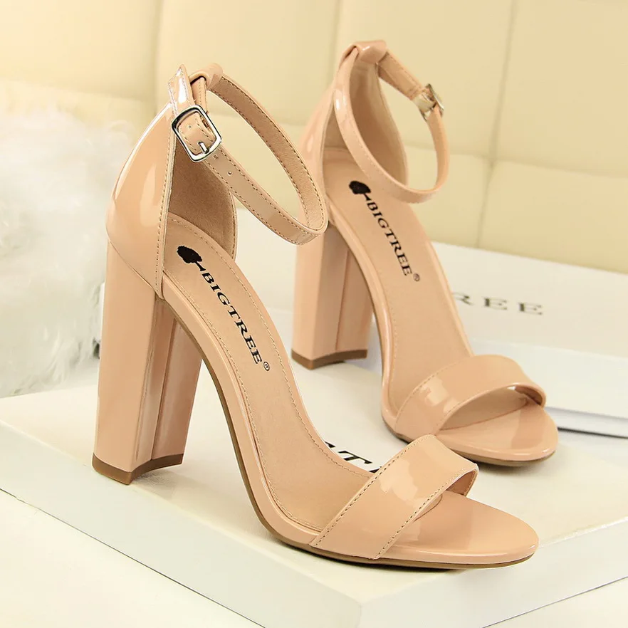 Summer Women 9.5cm High Heels Sandals Yellow Nude Purple Gladiator Square Block Heels Pumps Strappy Chunky Platform Bridal Shoes