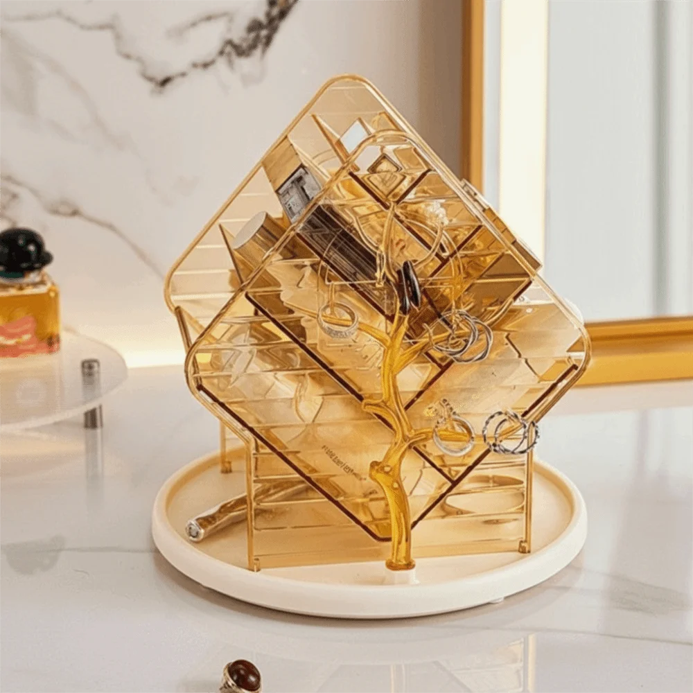 Large Capacity 360° Rotating Makeup Organizer Divided Non-Slip Cosmetic Storage Box Plastic Space Saving Lipstick Holder