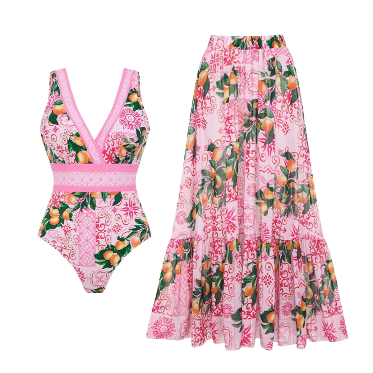 

Women's Citrus Print One-Piece Swimsuit Trendy Summer Beach Jumpsuit Monokini for Vacation Resort Wear Bathing Suit Set