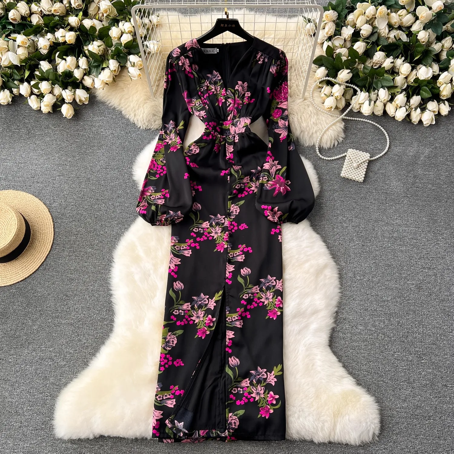 

French Elegant Party Draped Dress Women Ruched V-Neck Long Lantern Sleeve Floral Print High Waist Split Long Bodycon Vestido