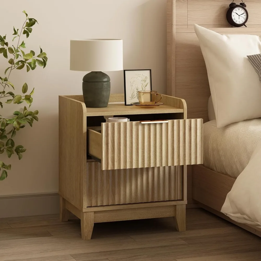 pair of farmhouse style nightstands with charging stations and storage drawers