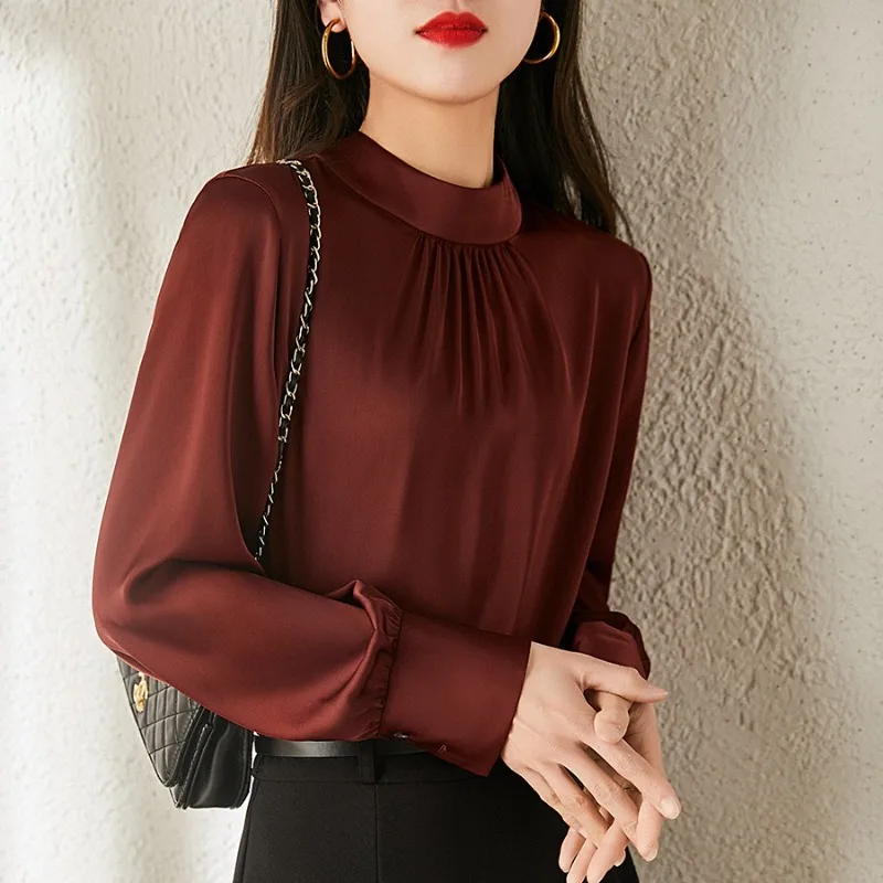 

Vintage Women's Blouses Casual Solid Color Tops Fashion Loose Summer French Style Clothing Long Sleeved Korean Satin Women Shirt