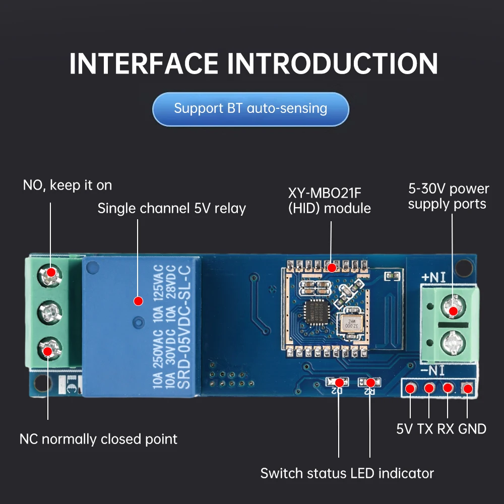 DC 5-30V single relay module Bluetooth proximity switch module with APP/mini program, serial port, etc