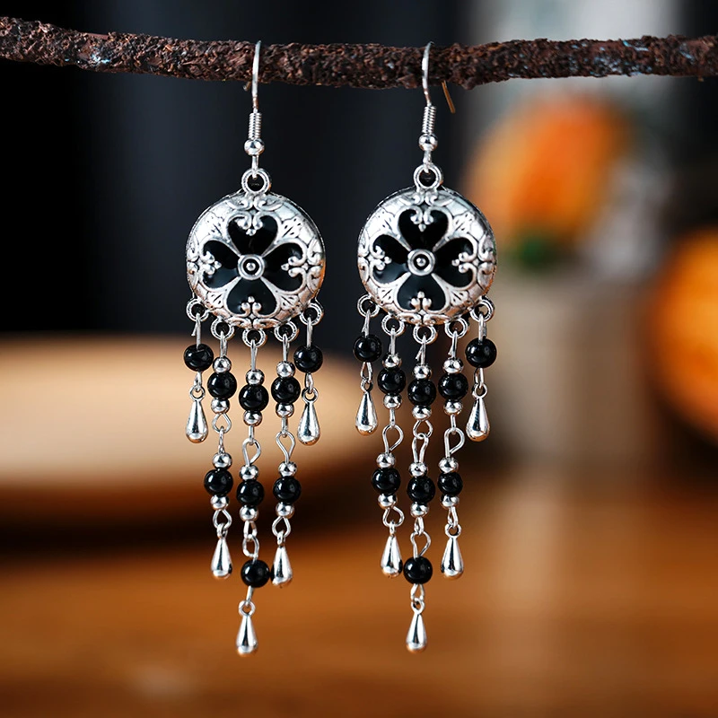 Vintage Ethnic Style Metal Tassel Water Drop Earrings for Women Round Drop Glaze Crystal Beads Handmade Earring Female Jewelry