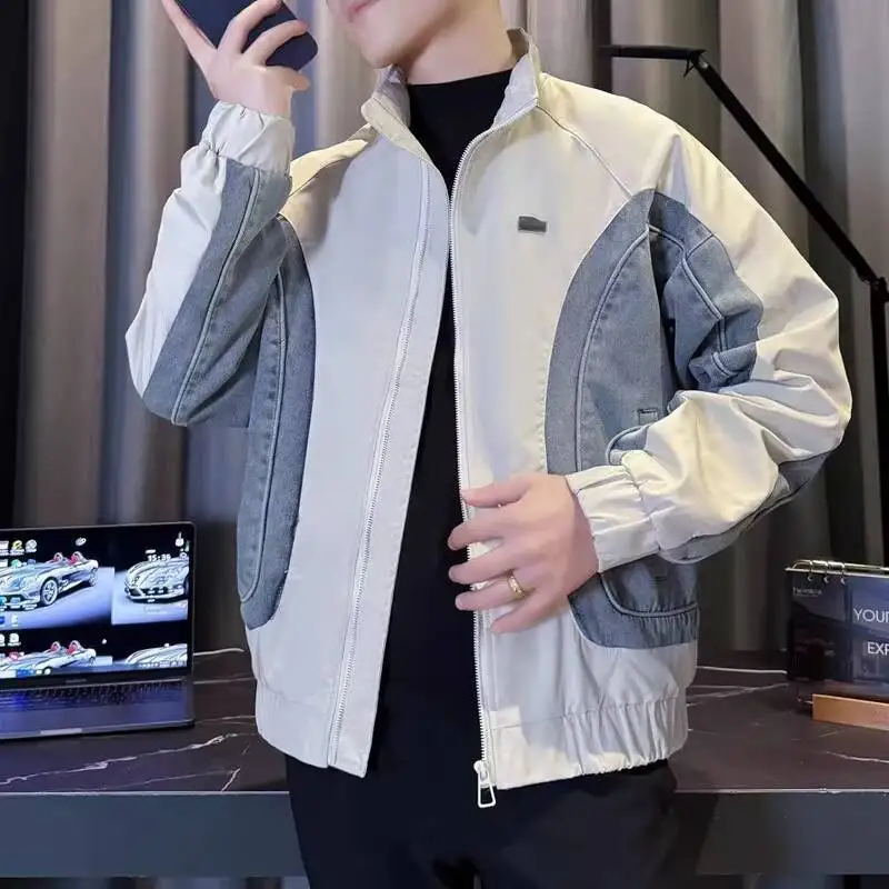 

Korean Version Cool Stand Collar Color Block Patchwork Denim Workwear Jacket Coat Vintage Bomber Jacket Jaqueta Masculina