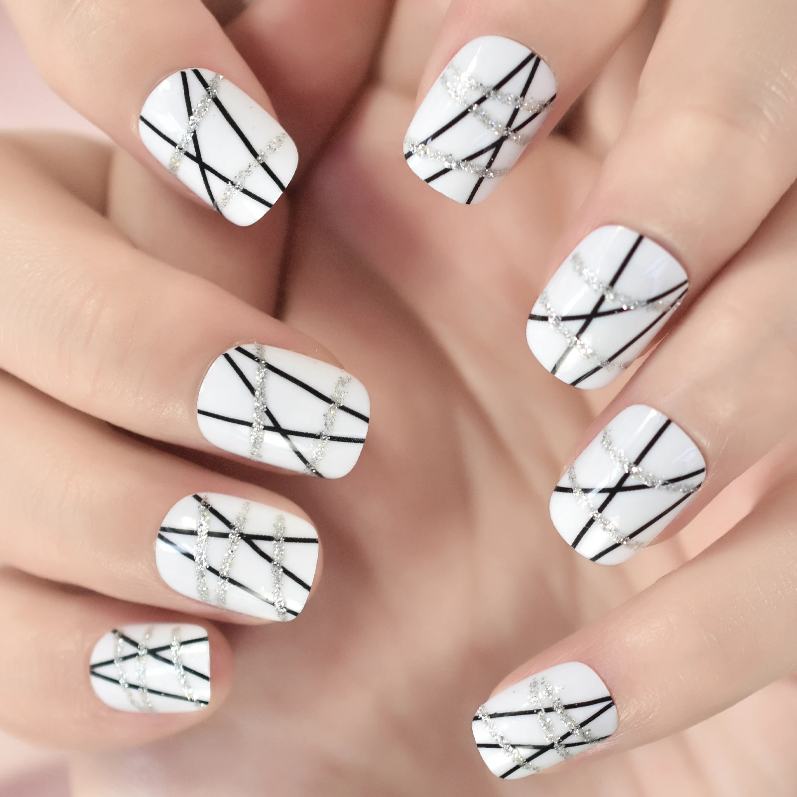 Imprensa curta redonda em unhas pré-design branco unhas falsas glitter salão de beleza manicure reutilizável dicas de unhas falsas para diy arte do prego