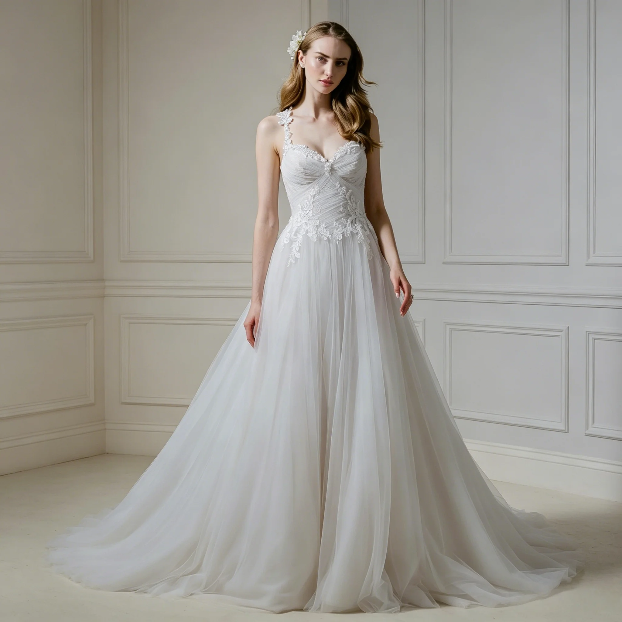 Beaded Floral Lace Crisscross Back A Line Wedding Dress V Sweetheart Ruched Corset Detachable Big Bow Bridal Gown Customizable