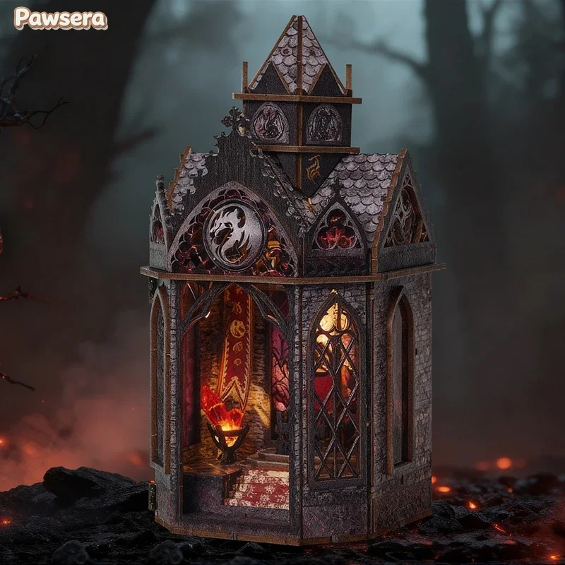 Pawsera Spire of The Wyrm Bookshelf Retro DIY Wooden Book Nook Figurines Miniatures Kits Home Bookend Decoration For Adult Gift