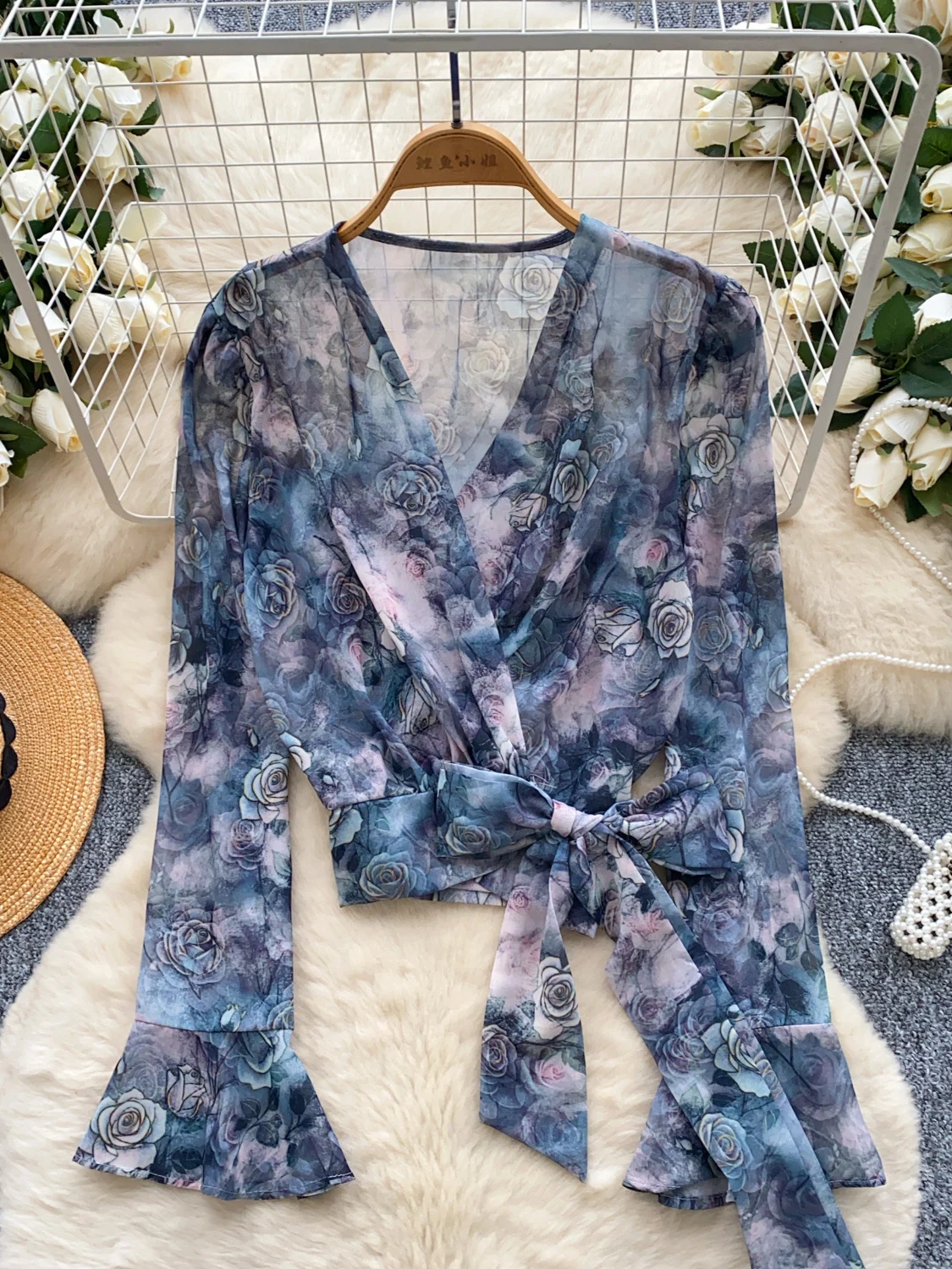 

Printed Flare Sleeve Shirt for Women Autumn Cross Collar Tie Waist Cinching Street Style Spicy Girl Top