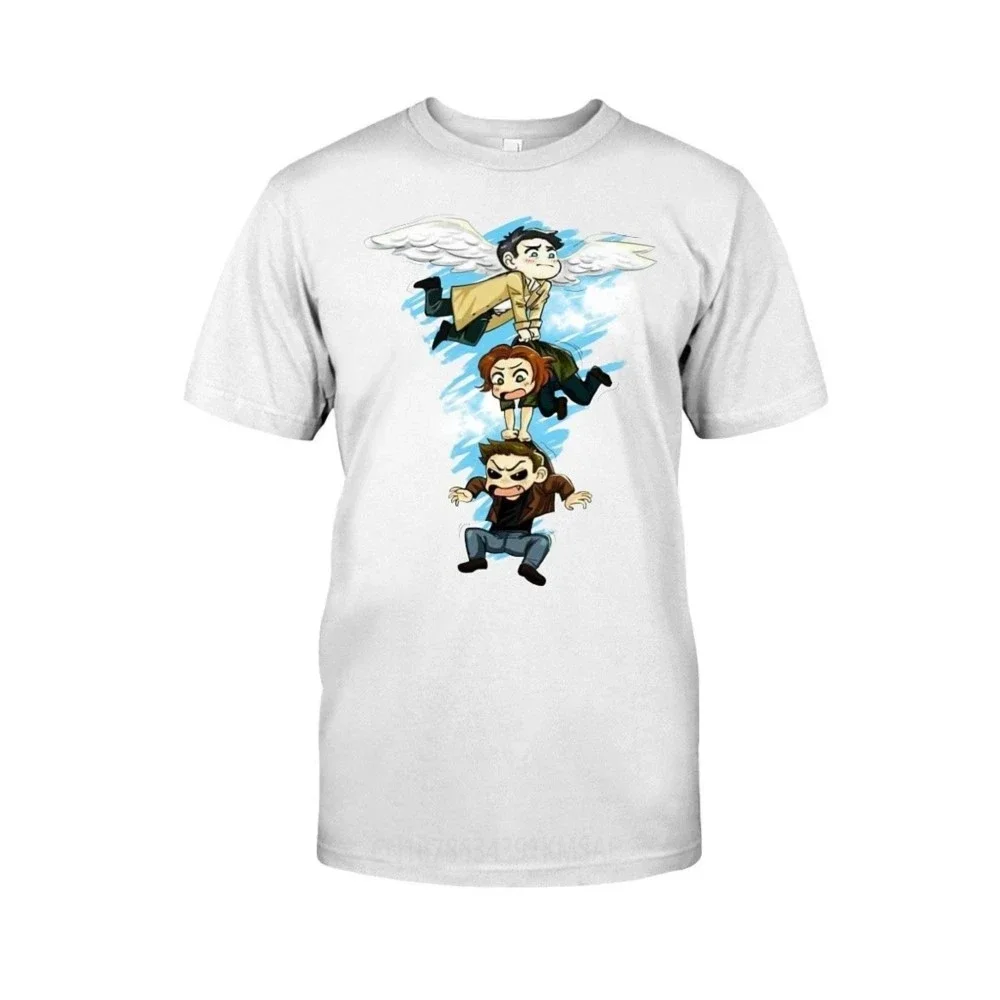 Supernatural Chibi Team Castiel Angel Dean Sam Winchester White T-Shirt Summer New Men Cotton T-Shirt top tee