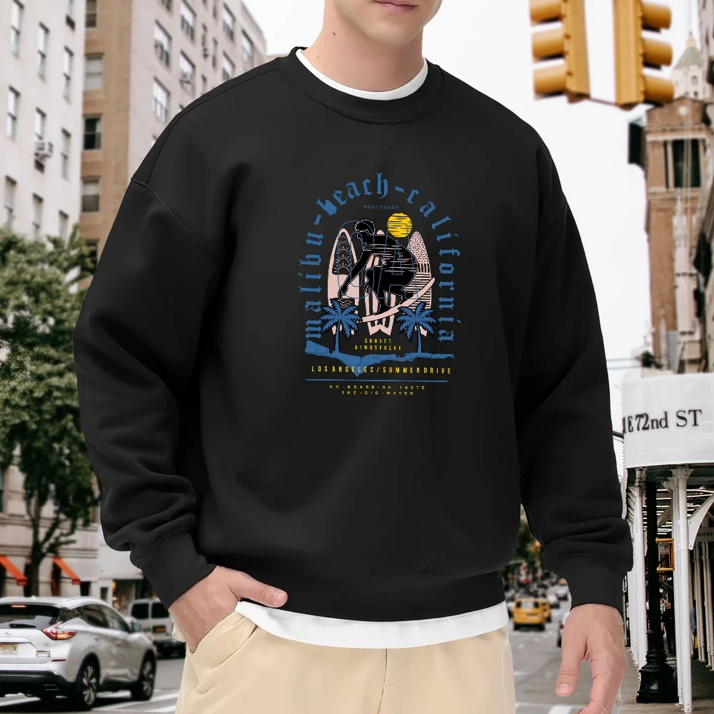 

Men's Black Crew Neck Loose Sweatshirt with California Beach Letter Print, Casual Top, Street Fashion Versatile Style, Comfortable and Breathable for Everyday Wear