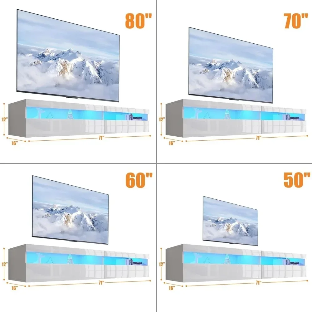 Soporte flotante para TV con luces LED, estante para TV montado en la pared de 71 pulgadas con toma de corriente, con gabinete de almacenamiento, televisores de hasta 80 pulgadas