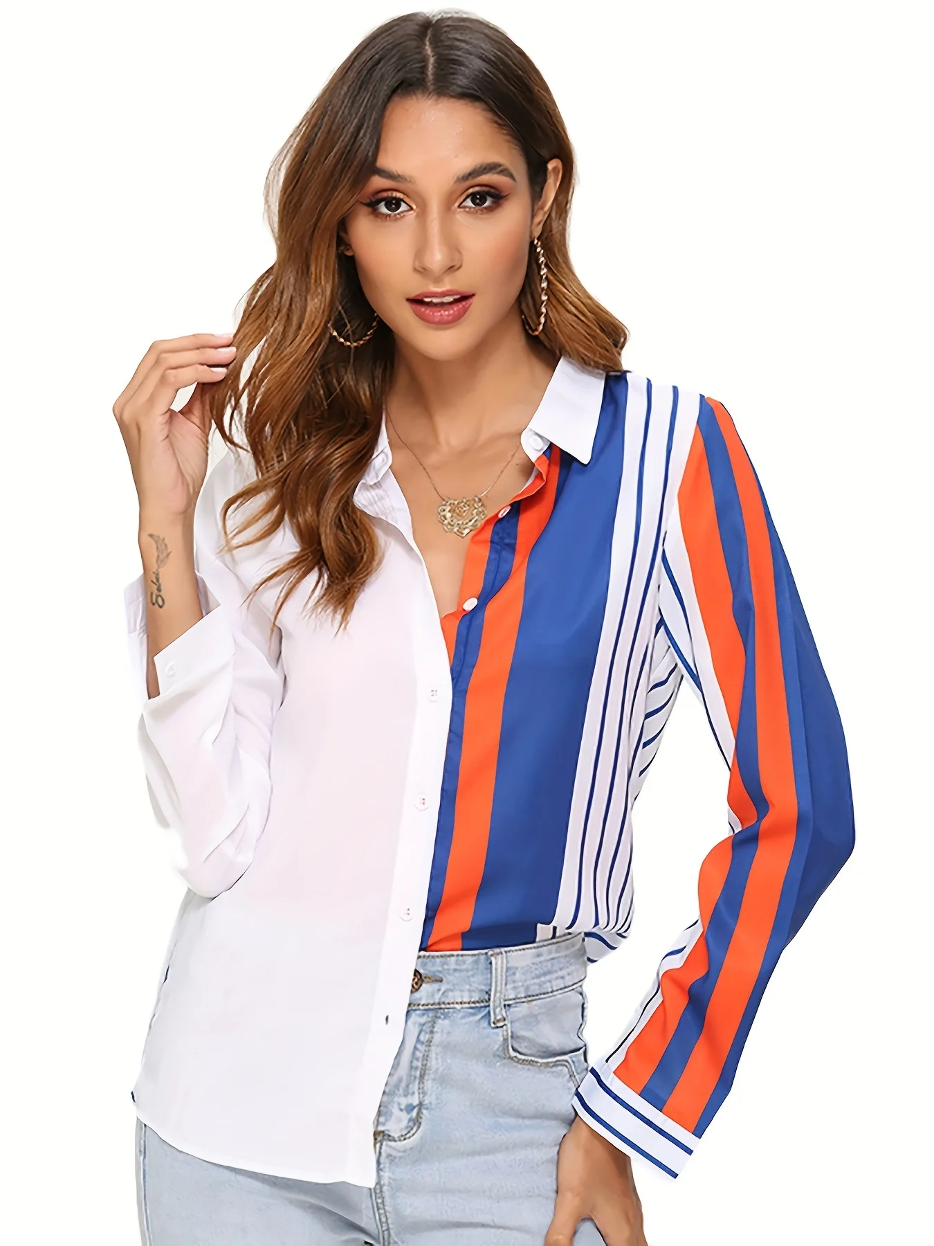 Women Fashion Striped Printed Blouses Shirts Casual Turn Down Collar Long Sleeve Shirt Ladies Single Breasted Tops