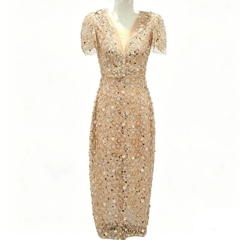 

Fashion Women's Slimming V-Neck Short Sleeve Patchwork Mesh Dress with Spliced Beads And Sequins Elegant Party Female Clothing