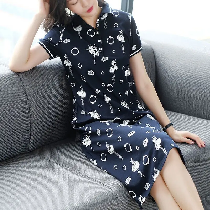 Fashion Lapel Button Pockets Printing Casual Dresses Women\'s Clothing 2024 Summer New Loose Short Sleeve Commuter Midi Dress