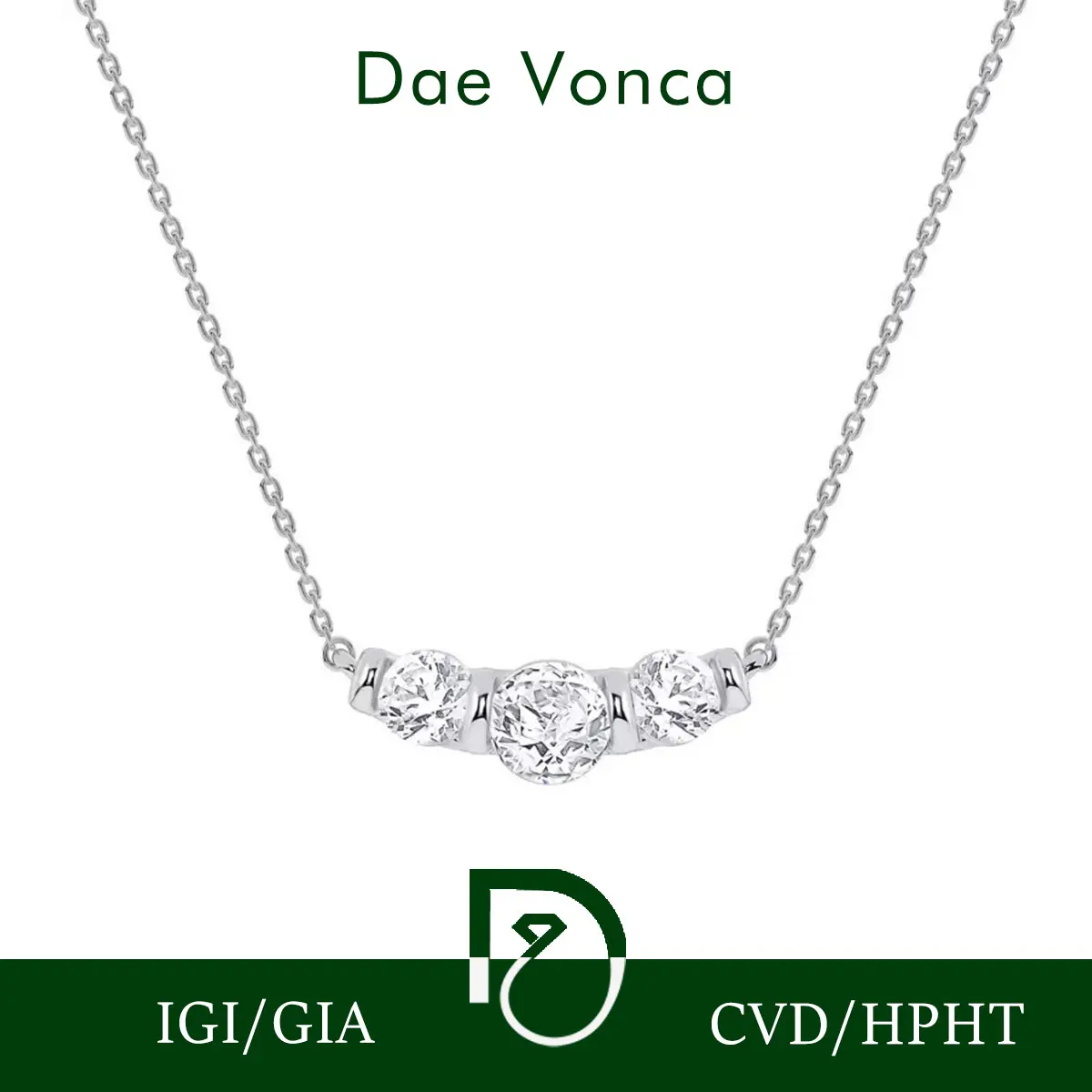 

14K White Gold Three Stone Diamond Necklace Bar Set Round Lab Grown Diamonds Necklace Charm IGI Certified Diamond Drop Pendant