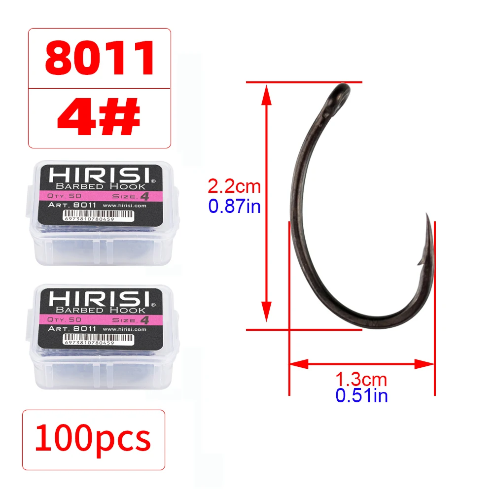 Hirisi 50/100 Stück PTFE-beschichtete Karpfenangelhaken aus Stahl mit Widerhaken in Box 8011 Angelzubehör