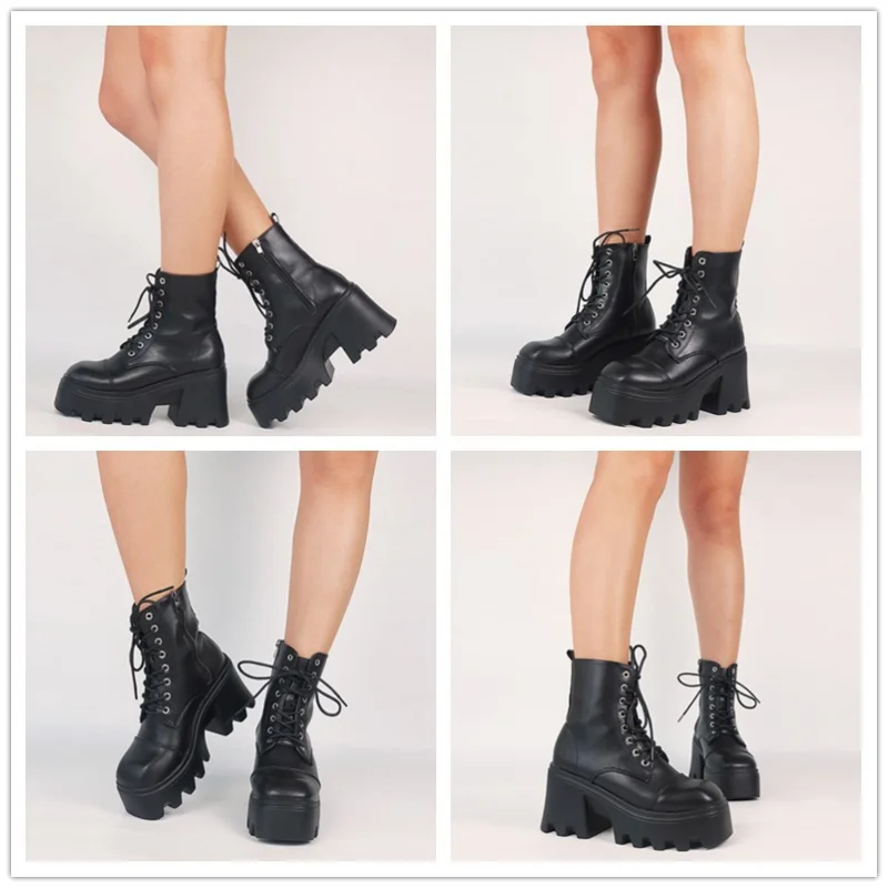 2022 new Big Size 43 Platform Chunky Heel Zipper Goth Motorcycle Boots Women Black Fashion Punk Cool Combat Ladies Shoes