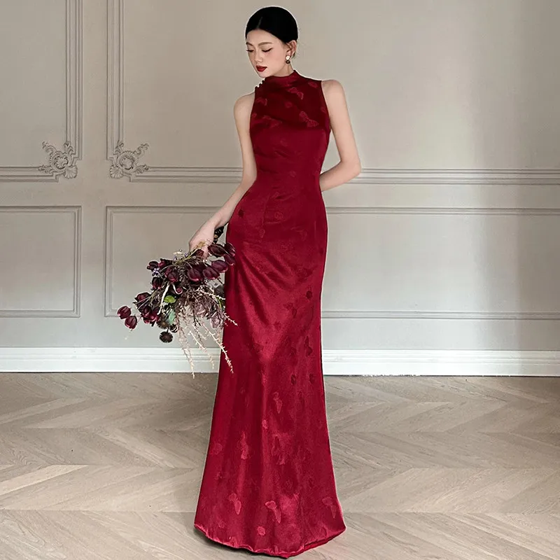 

Это индивидуальное вечернее платье Yiiya, винно-красное, с высоким воротником, без рукавов, фасона «русалка», больших размеров, для женщин, для вечеринок, официальное, новое, 260051