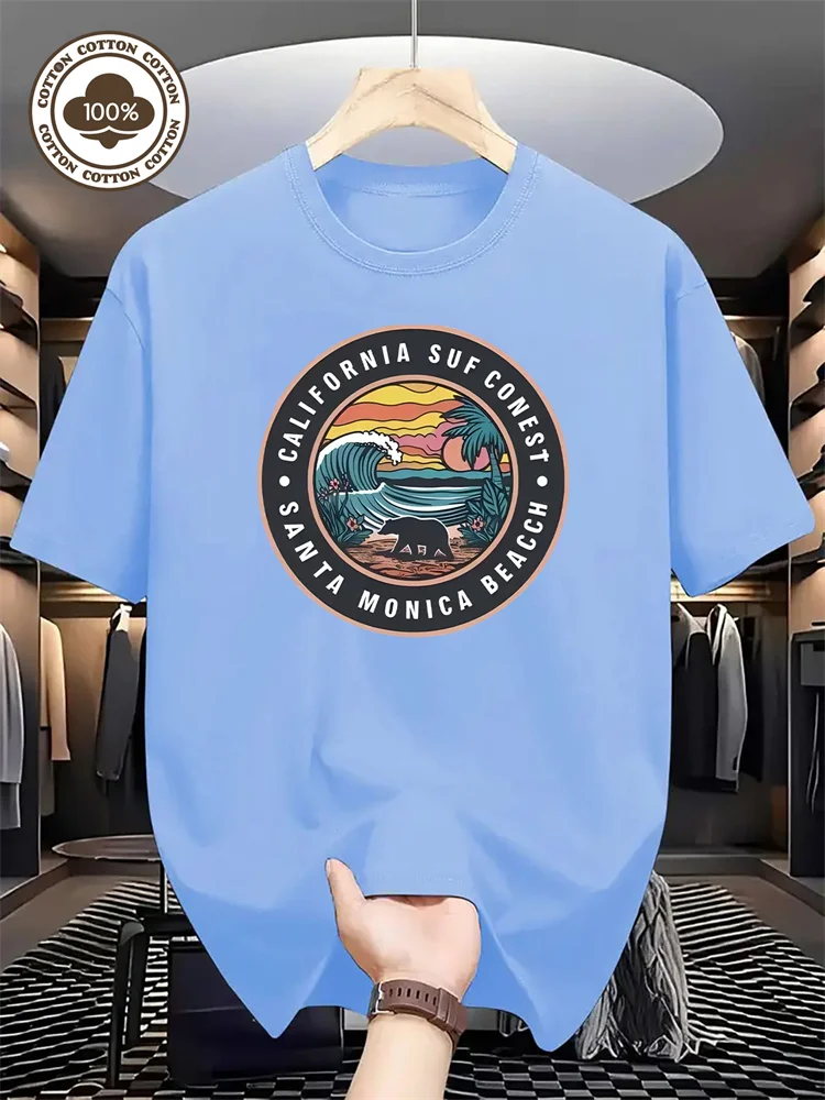 الرجال القطن الخالص قصيرة الأكمام كاليفورنيا تصفح المنافسة سانتا مونيكا الشاطئ نمط تي شيرت مطبوع للاستخدام في الهواء الطلق S-2XL