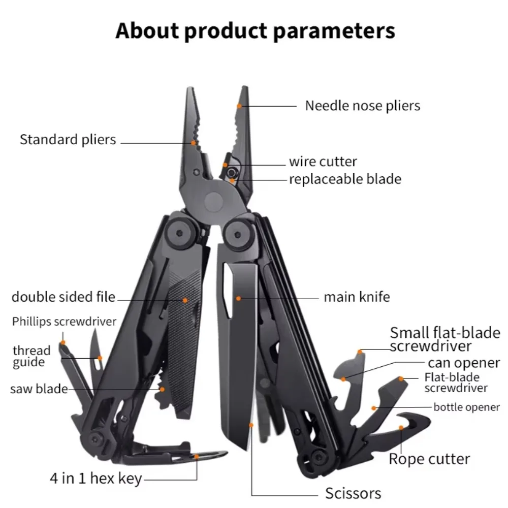 Black Can Opener Camping Hiking Cycling Multitool Special Outdoor Tool Folding Blade Knife Multi-Tool Pliers Screwdriver