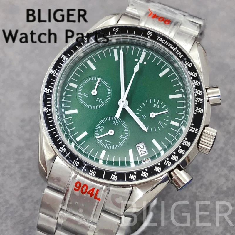 BLIGER Sport 40 мм хронограф многофункциональные кварцевые VK63 мужские часы зеленый циферблат светящийся ремешок из нержавеющей стали Dive Montre Homme