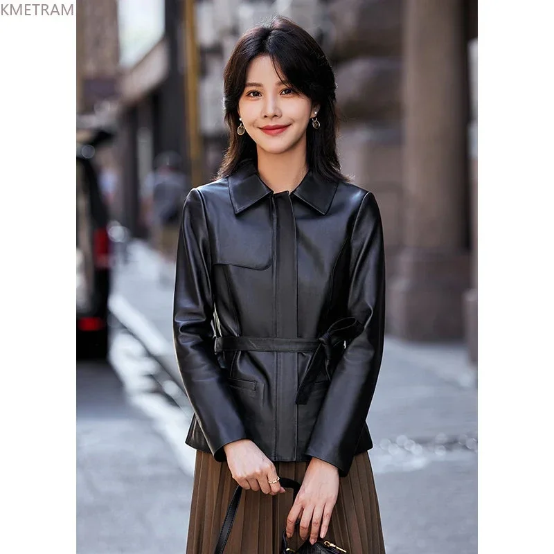 100% Genuino Giacca di Pelle Delle Donne 2024 Vera Pelle di Pecora Giubbotti di Pelle Donna Breve Sottile Cappotto di Pelle Cintura Coreano Streetwear SGG