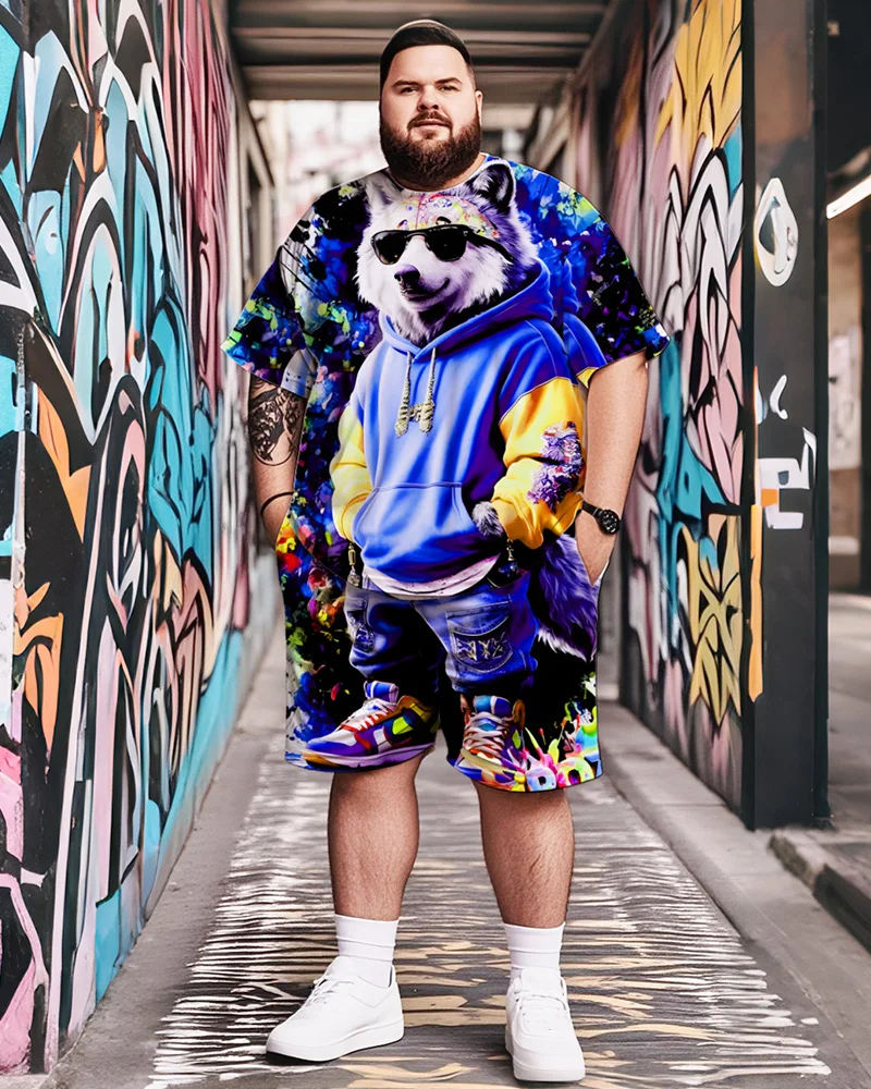 S-9XL Large Size Men's Panda Cartoon Short-sleeved T-shirt + Shorts Two-piece Set