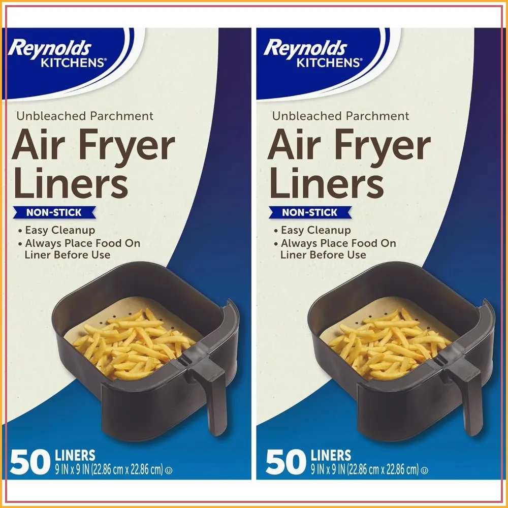 Disposable Unbleached Parchment Air Fryer Liners, 50 Count (Pack of 2), 9x9 inch, Non-Stick, Fits Round & Square Baskets