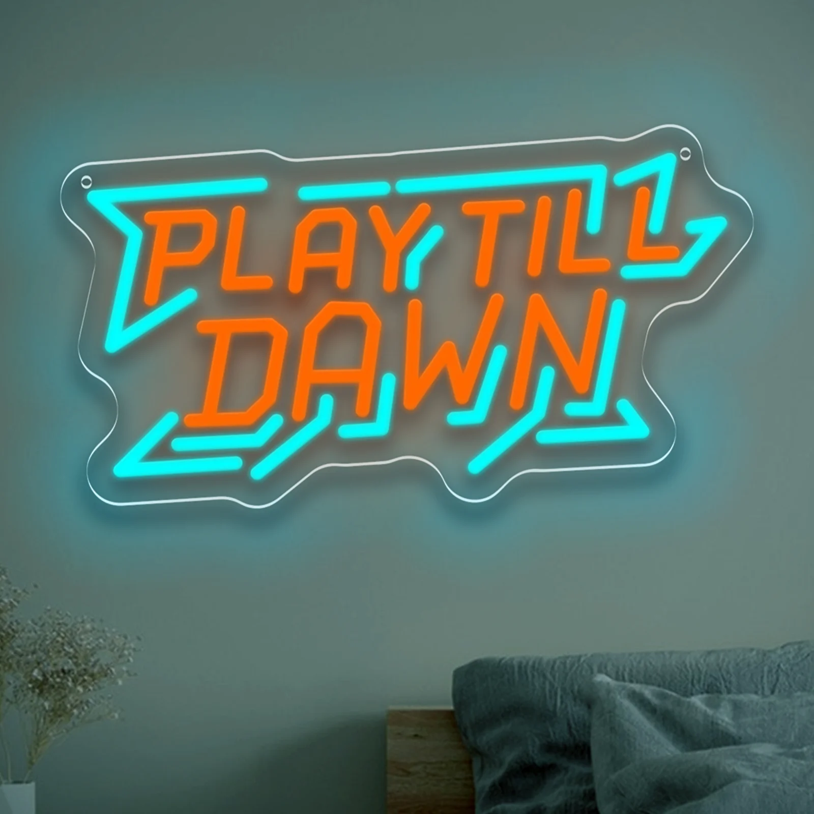 Play Till Dawn Neon Sign Blue Orange LED Wall Art USB Powered Gaming Quote Streaming Setup Bedroom Gamer Den Arcade Vibes Decor