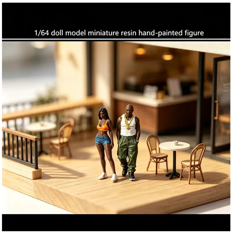 New 1/64 Black Strap Beauty Couple Miniature Resin Mini Doll Set DIY Scene Matching Handmade Painting Gift Toy